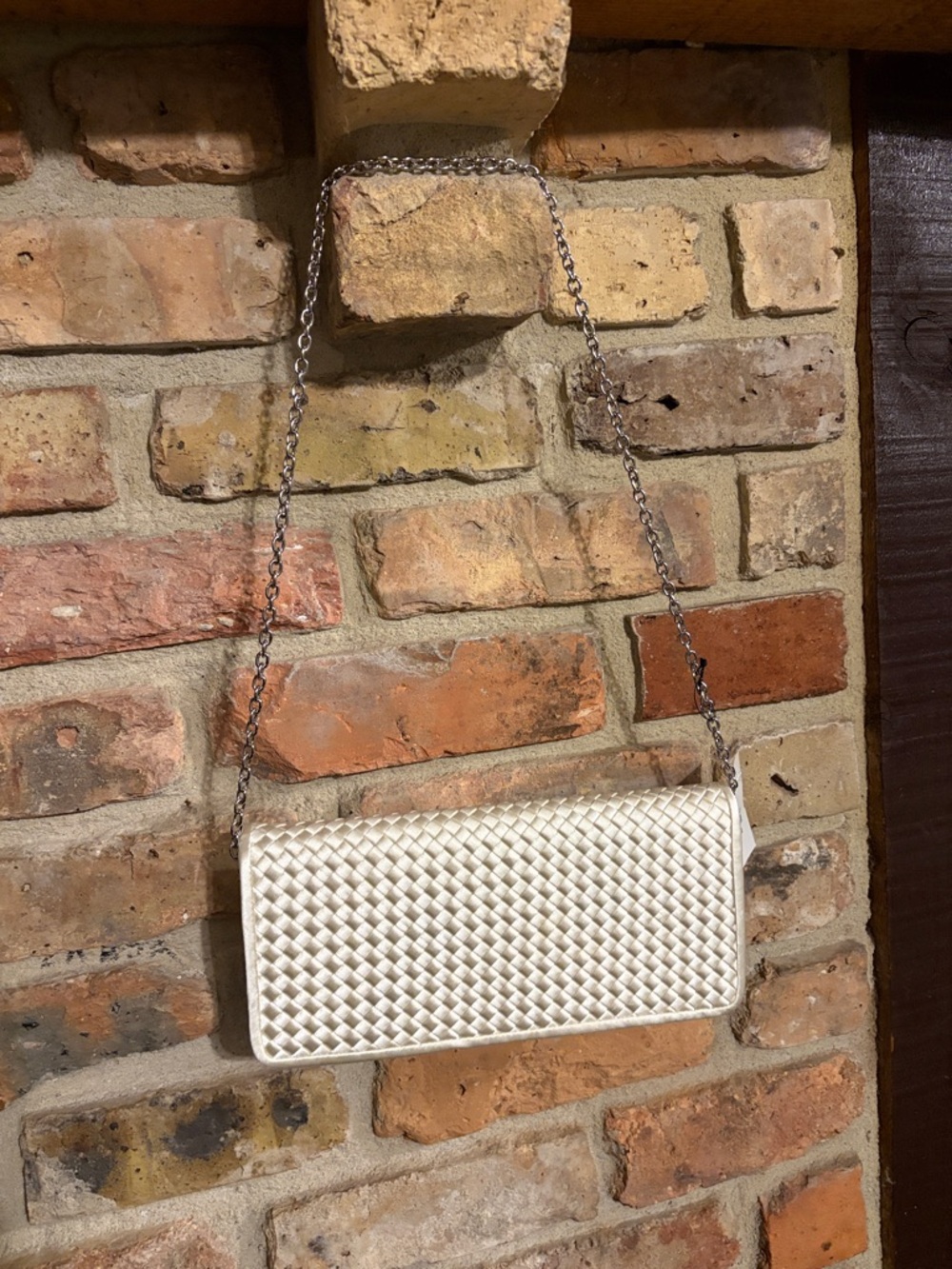 Sondra Roberts Cream Woven Clutch with Silver Chain